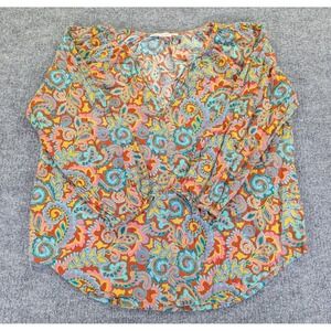 Roller Rabbit Womens Large Paisley Cotton V-Neck Blouse Long Sleeve Boho Top